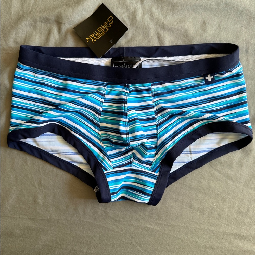 NWT- Andrew Christian Men's Blue Striped Swim Brief